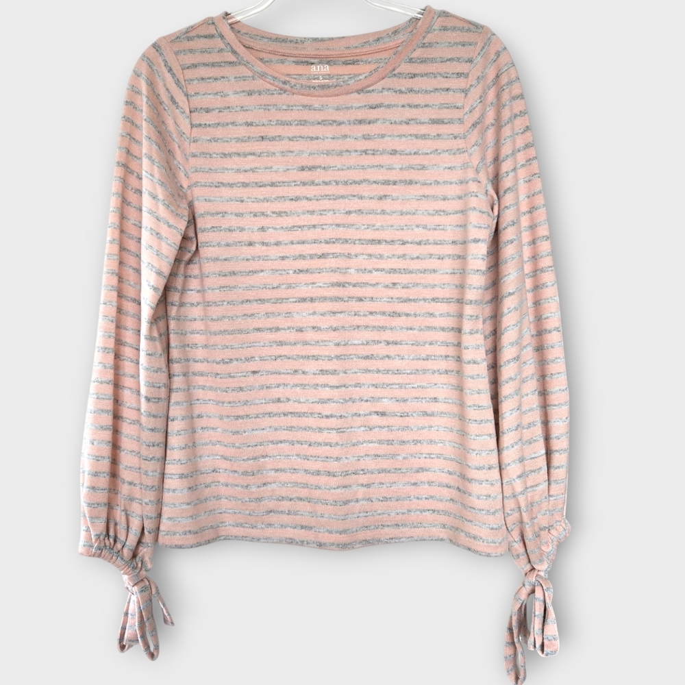 a.n.a Long Sleeve Striped Blouse Top Size Small Pink Gray Boat Neck Soft Comfy